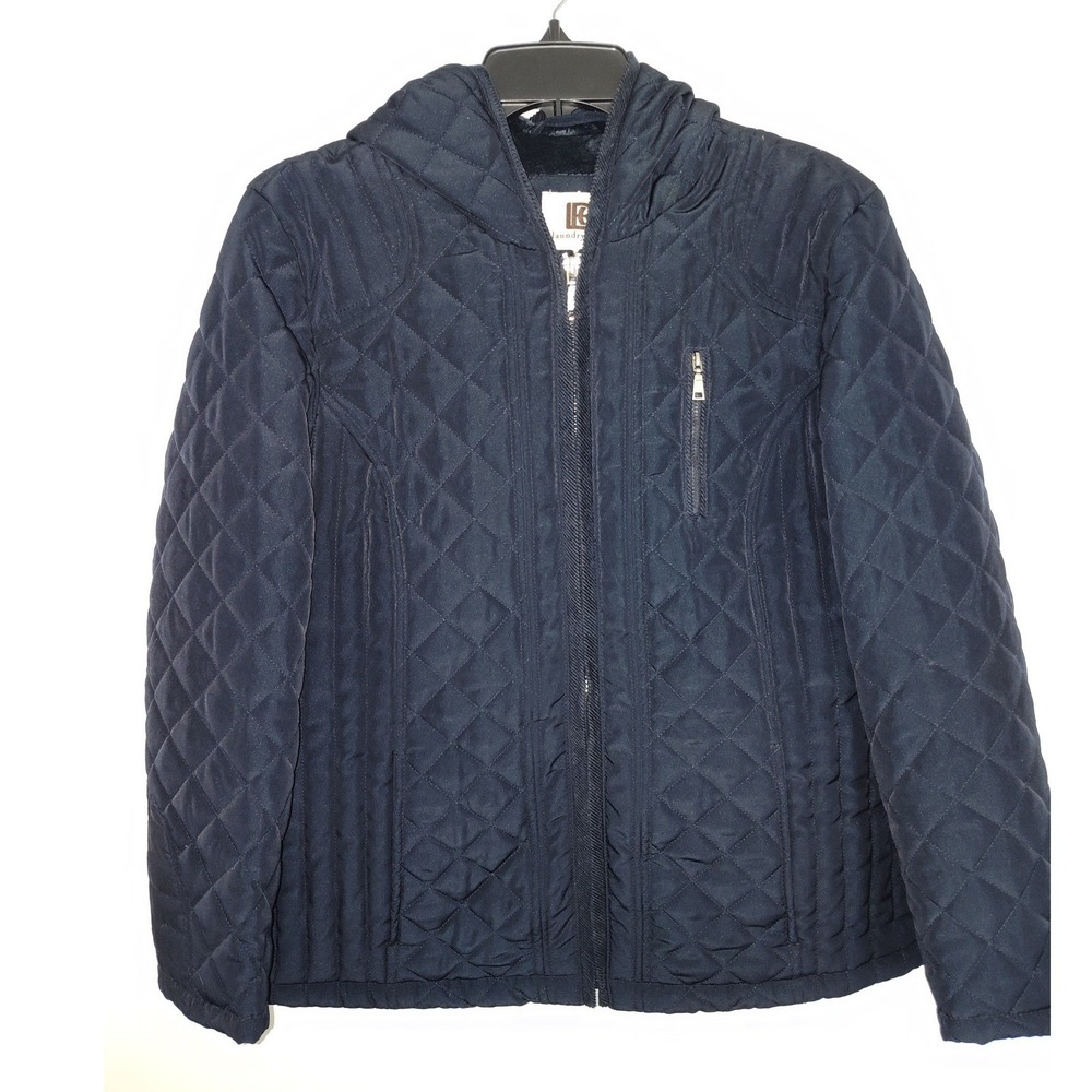 Laundry by Design Navy Blue Quilted Hooded Jacket Faux Fur Lined Women LP Petite